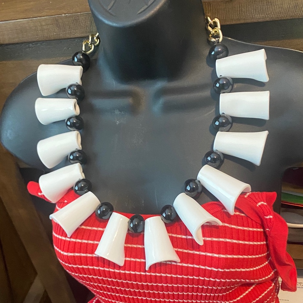 Rare Rara Avis white and black tusk cone bib necklace in box
